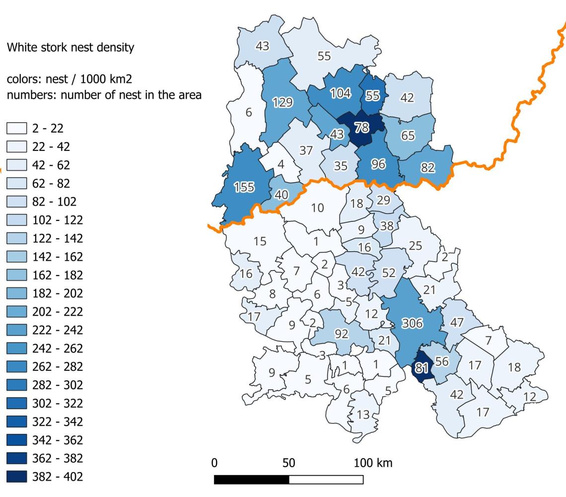 A fehérgólya-fészkek denzitása a projekt területen ( Térkép: MME Monitoringközpont)