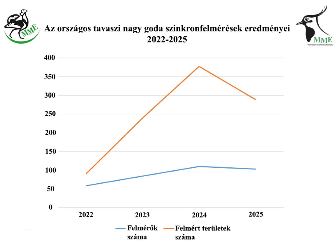 Az országos tavaszi nagy goda szinkronfelméréseken résztvevő felmérők és a felmért területek száma 2022-2025 között.
