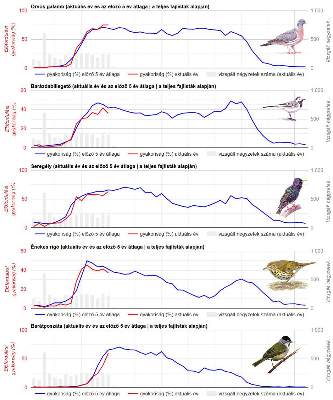 Néhány gyakori rövid távú vonuló madárfajunk frekvenciagrafikonjai (2026.04.12-ig)