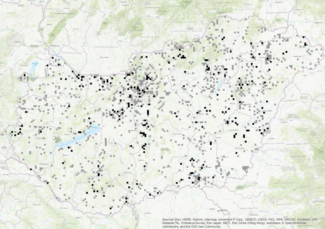 Az MMM fészkelési időszakokban felmért mintaterületei (fekete: 2023-ban is felmért négyzetek; szürke: korábbi években felmért négyzetek)  